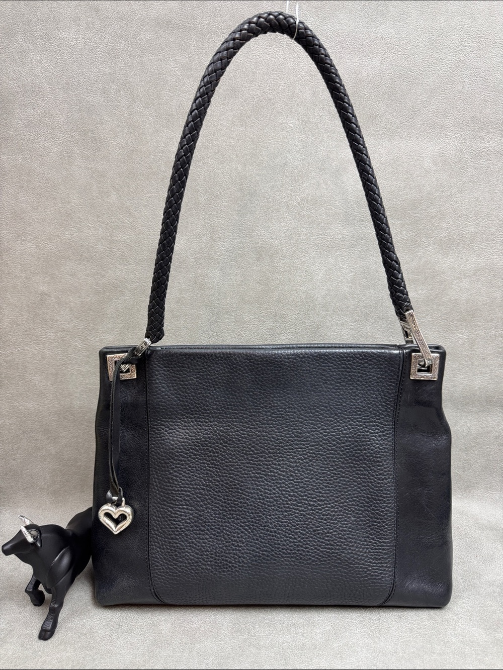 Brighton Black Pebbled Leather Shoulder Bag with Braided Handle